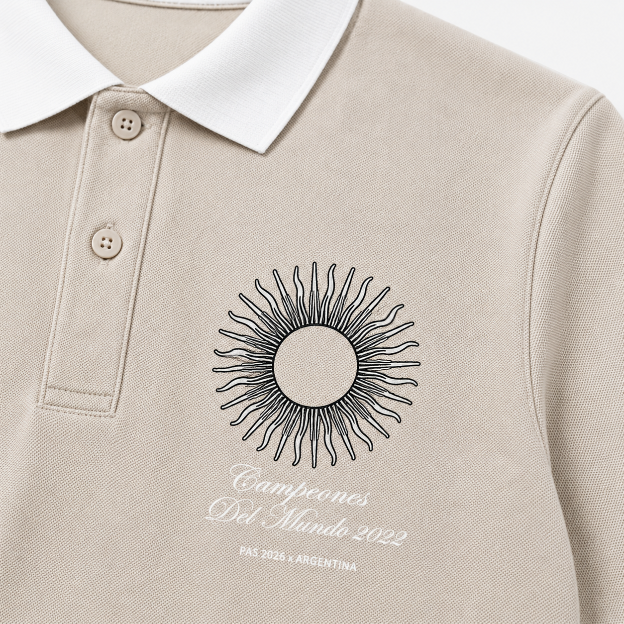 PAS x Argentina Albiceleste cream slim fit polo – close-up of Campeones Del Mundo 2022 sun chest graphic