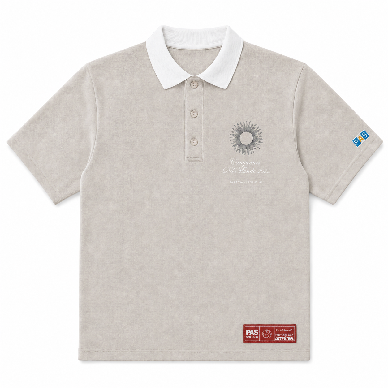 PAS x Argentina Albiceleste cream slim fit polo – Campeones Del Mundo 2022 sun chest graphic, PAS 2026 x Argentina edition