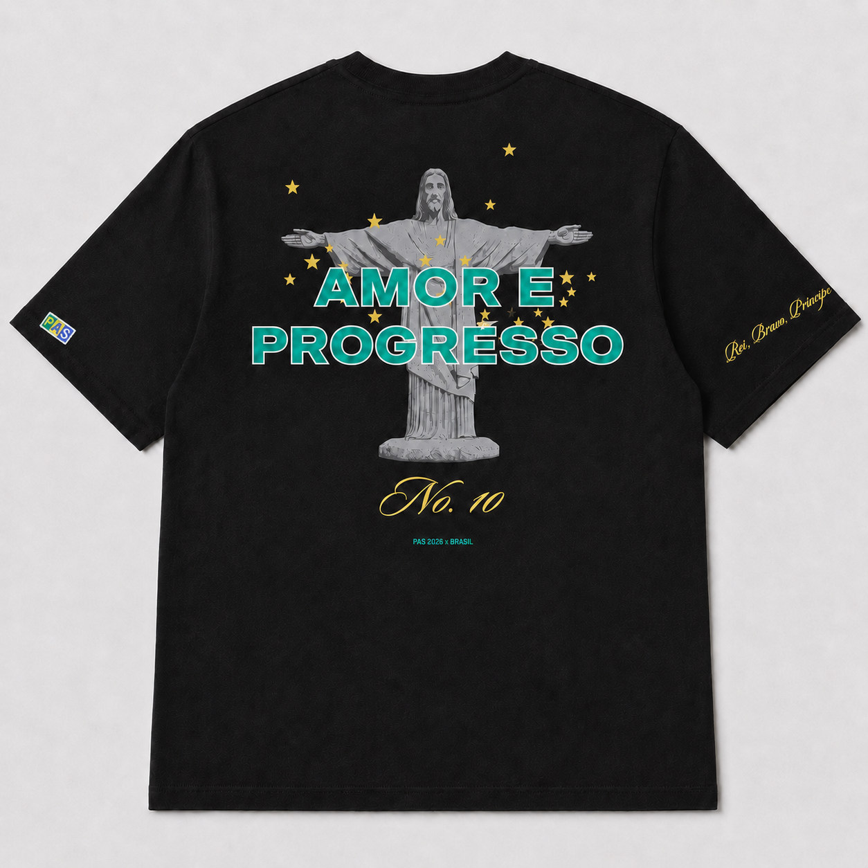 PAS Amor e Progresso Brasil black tee – cross and stars chest graphic, Amor e Progresso No.10 back design, Brazil-colored PAS patch on sleeve