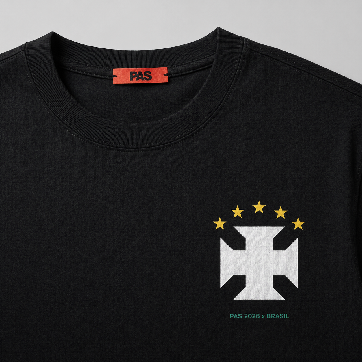 PAS Amor e Progresso Brasil black tee – cross and stars chest graphic, Amor e Progresso No.10 back design, Brazil-colored PAS patch on sleeve