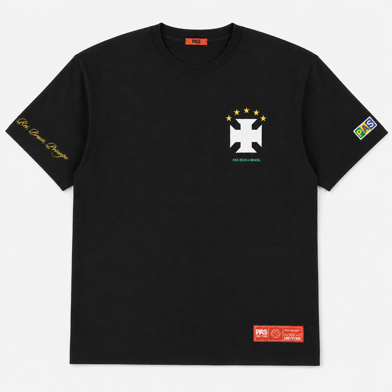 PAS Amor e Progresso Brasil black tee – cross and stars chest graphic, Amor e Progresso No.10 back design, Brazil-colored PAS patch on sleeve