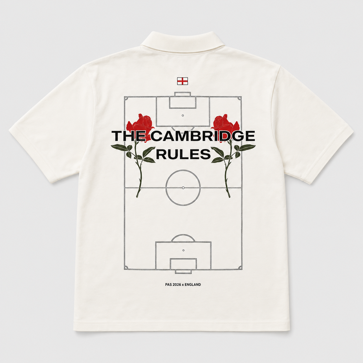 PAS x England white slim fit polo – Three Lions and It's Coming Home chest graphic, The Cambridge Rules pitch and roses back design, PAS patch on sleeve