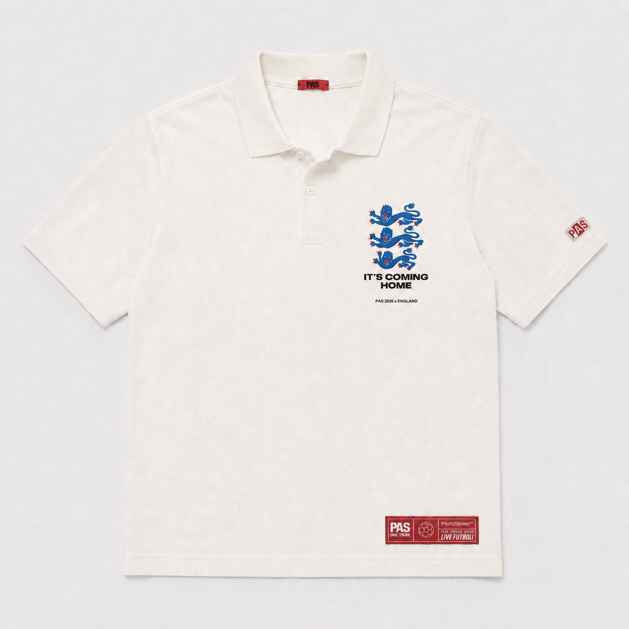 PAS x England white slim fit polo – Three Lions and It's Coming Home chest graphic, The Cambridge Rules pitch and roses back design, PAS patch on sleeve