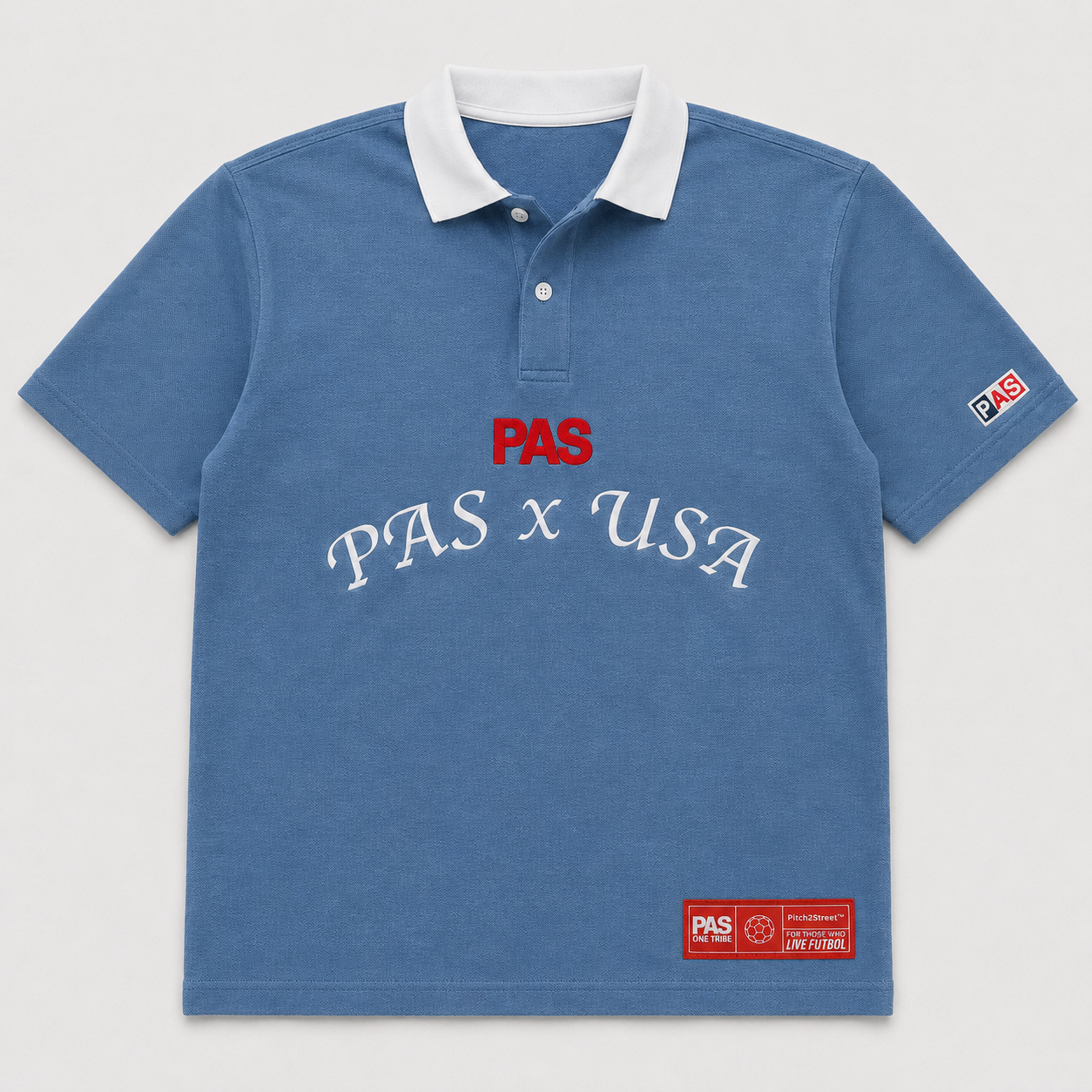 PAS x USA Dos A Cero blue slim fit polo – embroidered PAS x USA arch on front, Dos A Cero stars graphic on back, PAS patch on sleeve