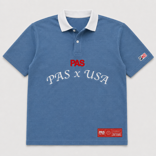 PAS x USA Dos A Cero blue slim fit polo – embroidered PAS x USA arch on front, Dos A Cero stars graphic on back, PAS patch on sleeve