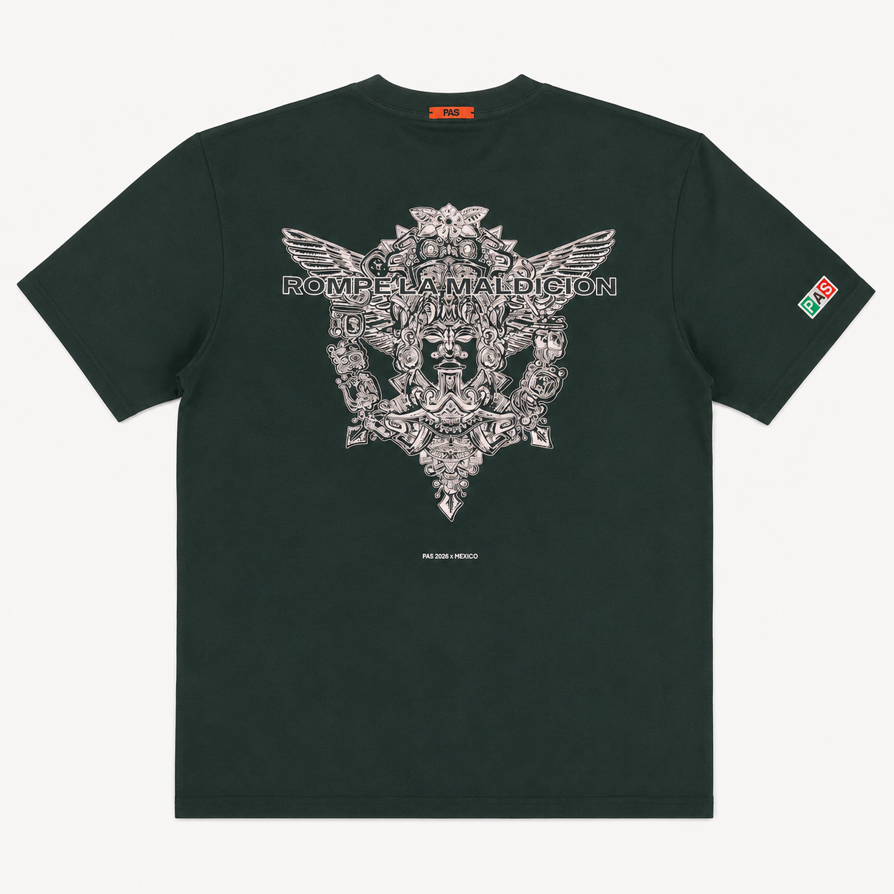 PAS x Mexico Rompe La Maldición El Tri dark green tee – Rompe La Maldición Aztec back graphic, PAS 2026 x Mexico edition