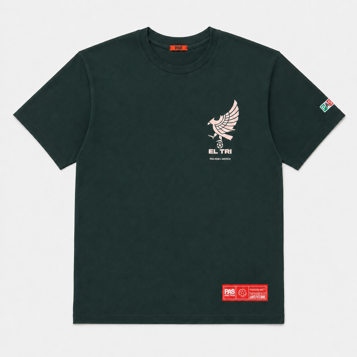 PAS x Mexico Rompe La Maldición El Tri dark green tee – El Tri eagle chest graphic, PAS 2026 x Mexico edition