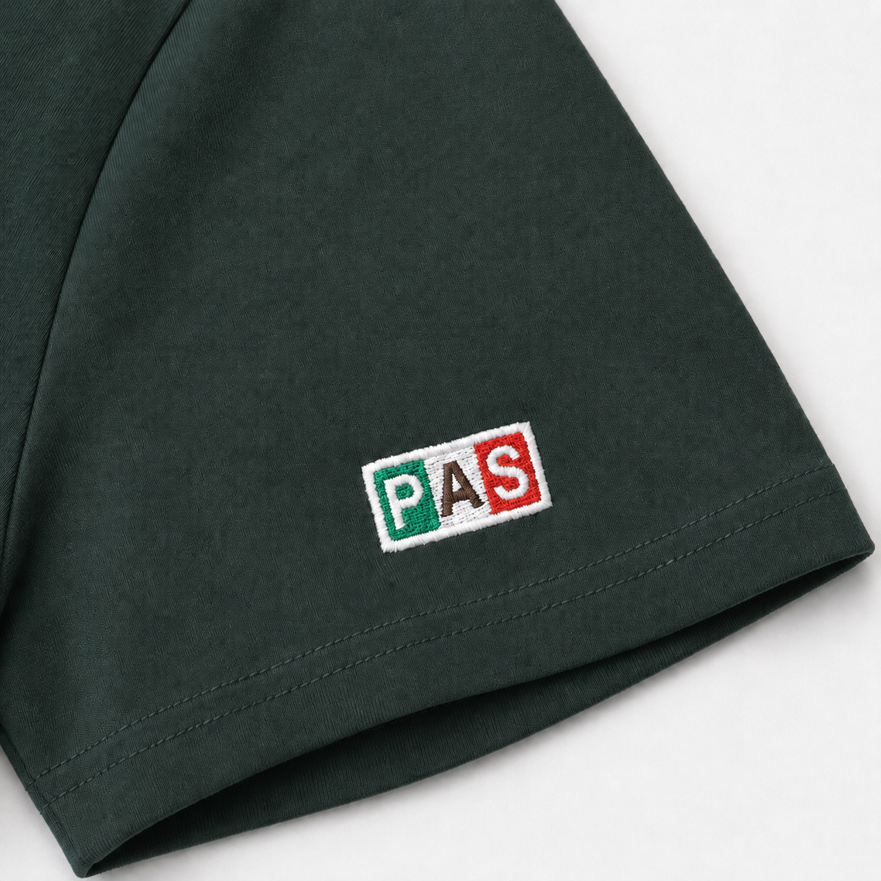 PAS x Mexico Rompe La Maldición El Tri dark green tee – embroidered PAS sleeve patch in Mexico colors