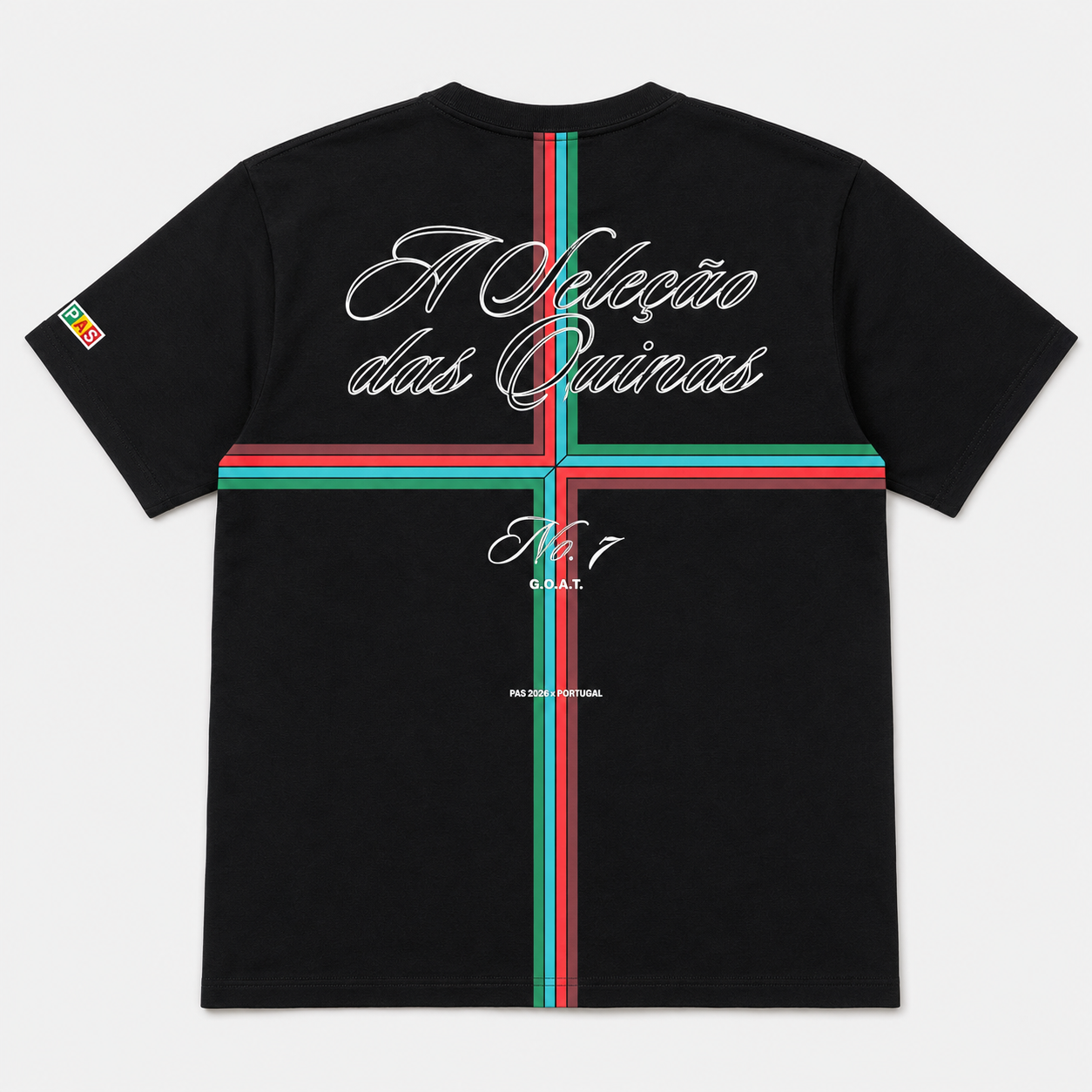 PAS x Portugal Seleção das Quinas black tee – A Seleção das Quinas script with red and green cross stripe back graphic, No.7 GOAT