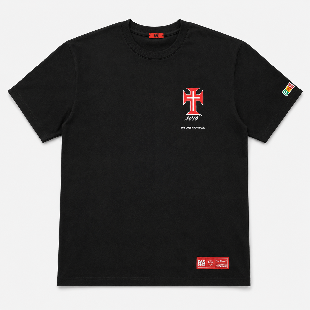 PAS x Portugal Seleção das Quinas black tee – Portuguese cross and 2016 chest graphic, PAS 2026 x Portugal edition